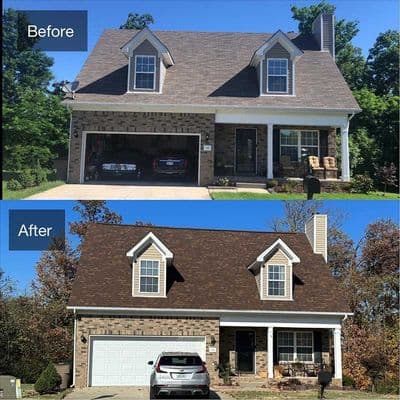 Home exterior renovation before and after comparison showcasing updated roofing and design.