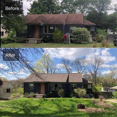 Home renovation transformation showcasing before and after landscaping and exterior updates.