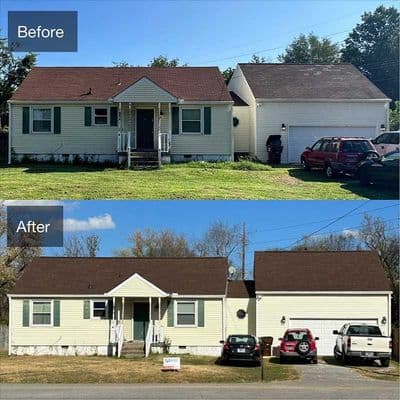 Before and after home renovation showcasing exterior upgrades and expanded garage.