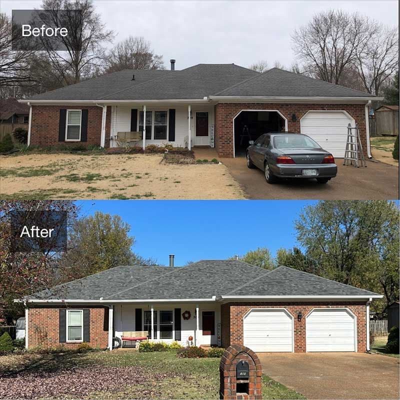 Home renovation transformation: before and after photos showcasing updated exterior and roof.