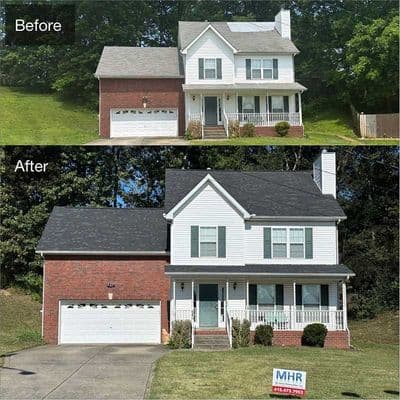 Before and after home exterior renovation, showcasing new roof and improved curb appeal.